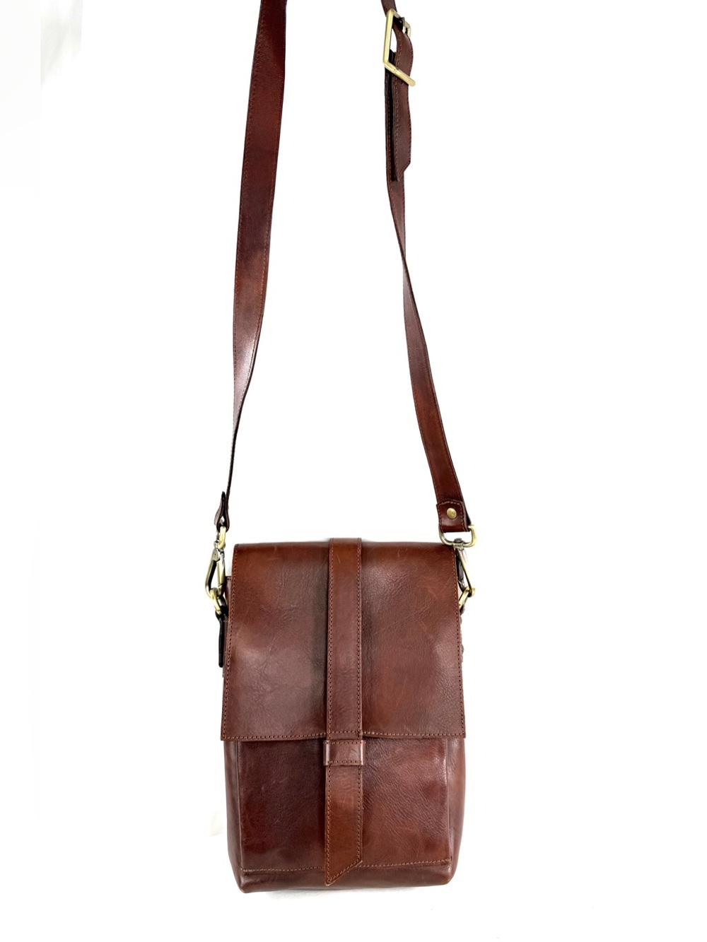 Officina Libris Unisex Brown Leather Tall Crossbody Bag Push Lock Brass Italy